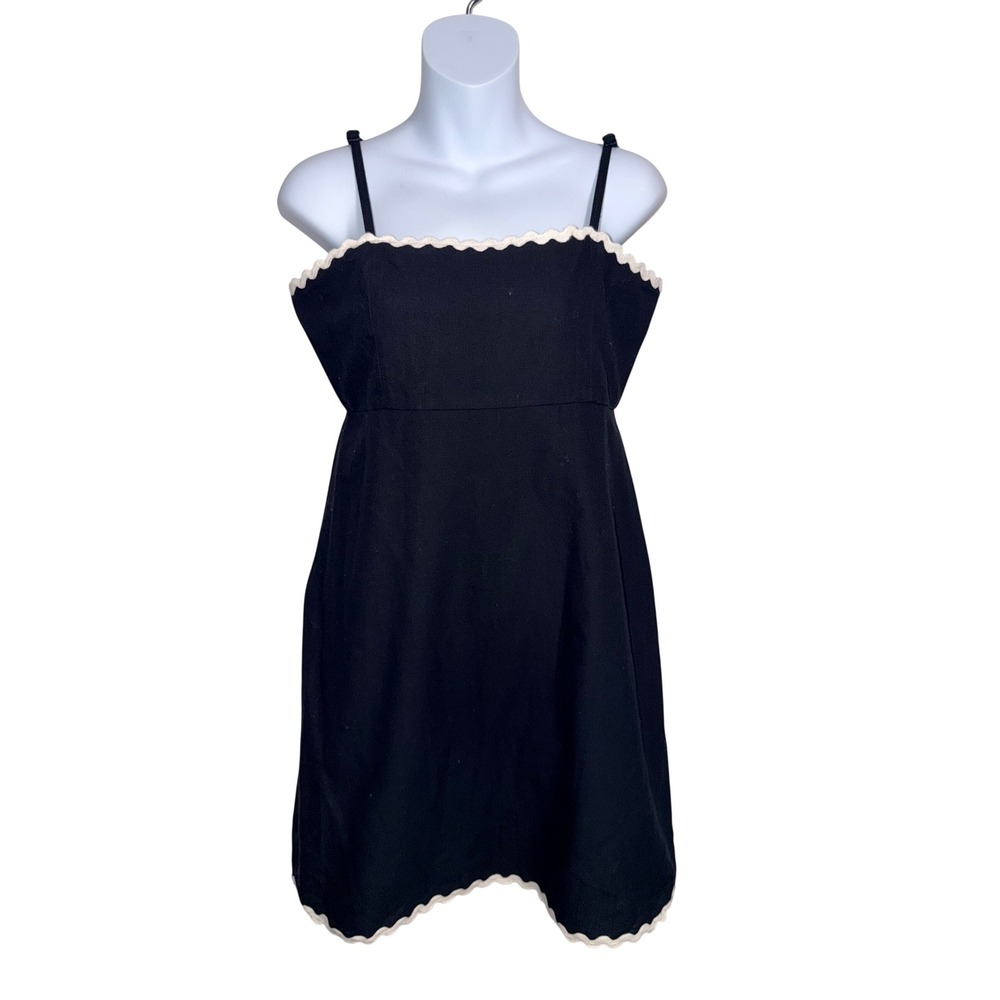 Derek Heart Black Cotton Mini Dress White Scallop Ric Rac Trim Large